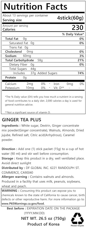 Damtuh Korean Traditional Ginger Tea Plus Ginger Powder 15g x 50 Sticks