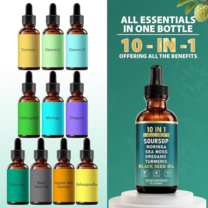 10-in-1 Soursop Bitters Liquid Drops with Sea Moss Moringa Black Seed Oil Turmeric Ashwagandha Oregano - for Overall Health - 2 Fl Oz - Non-GMO Vegan