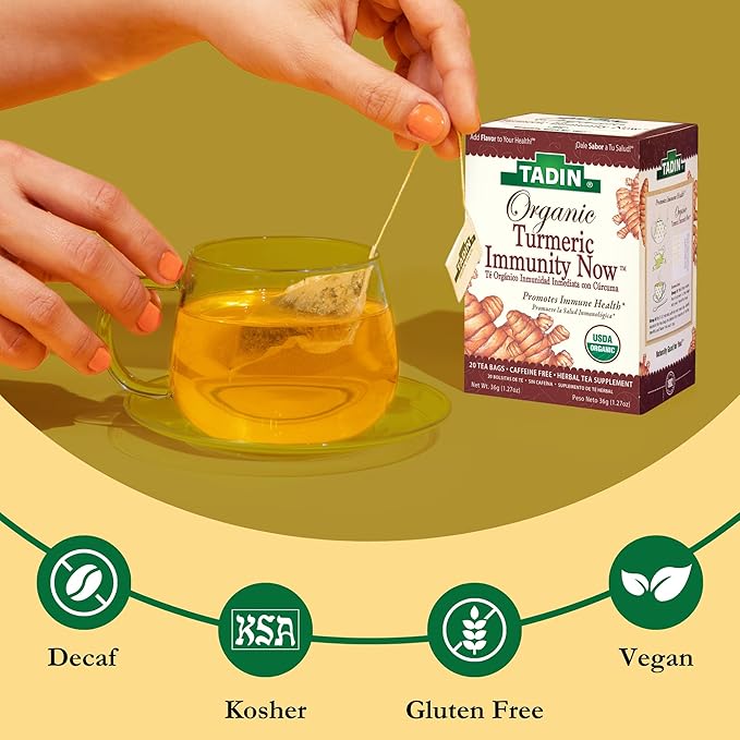 Tadin Organic Turmeric Immunity Now Caffeine Free Herbal Tea for Immunity Support 20 Tea Bags Per Box Pack of 6