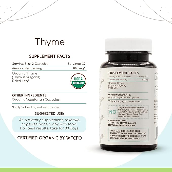 HerbEra Thyme USDA Organic 60 Capsules | Natural Herbal Supplement | Certified Organic Vegetarian Capsules and Organic Thyme (Thymus Vulgaris) Dried Leaf (60 Capsules)