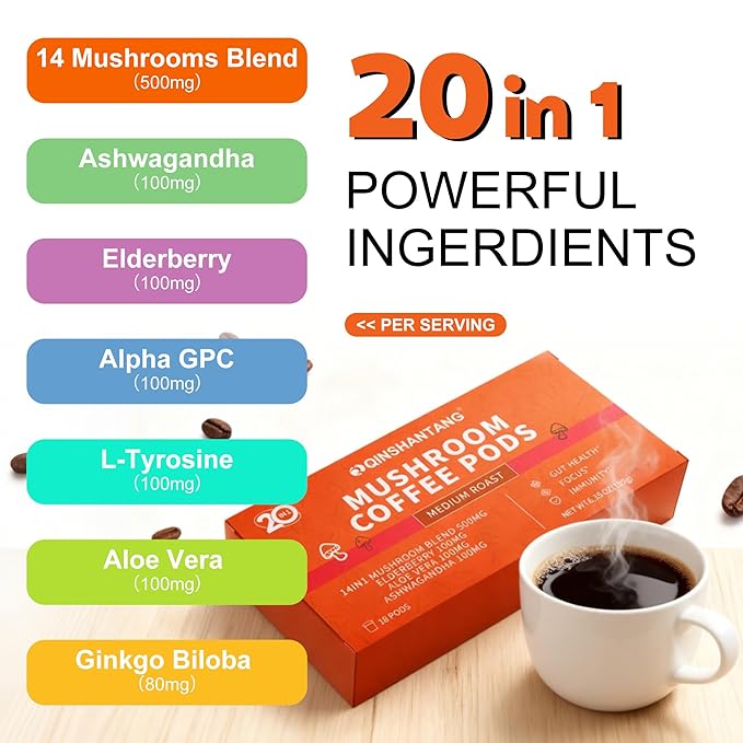 Mushroom Coffee K Cup 18 Count Ground Arabica Coffee Powder 14 Mushrooms Supplement Ashwagandha Elderberry Aloe Vera | Immune Support Gut Health &amp Focus | Single Serve Pods Medium Roast