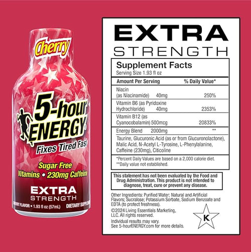 5-hour ENERGY Extra Strength Shots Cherry Flavor 1.93 oz. 30 Count (30 Bottles – Single Flavor Cherry)