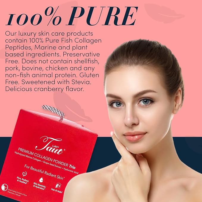 TAUT Collagen Powder for Women - Pure Marine Hydrolyzed Collagen Powder Sachet for Younger Looking Skin - 1500 Mg Hydrolyzed Collagen Peptides with Hyaluronic Acid &amp Grape Seed Extract - 60 Sachet