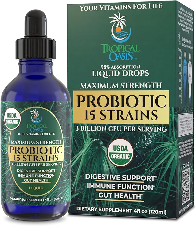 USDA Organic Liquid Probiotics for Men Women &amp Kids | 15 Clinically Studied Strains | Digestive Support Immune &amp Gut Health | Maximum Strength | 98% Absorption | Vegan Non-GMO | 40 Serv