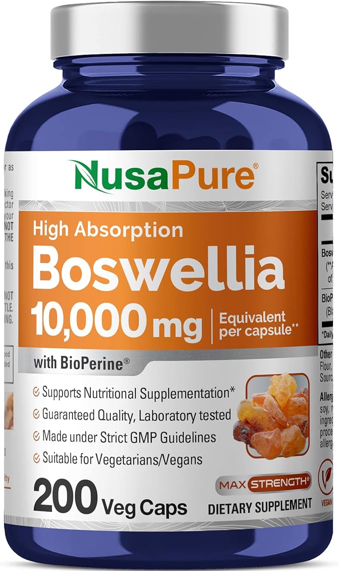 NusaPure Boswellia Serrata 10000 mg Per Veggie Caps 200 Count (Ext. 20:1 Non-GMO Vegan Bioperine) Ayurvedic Herb: Indian Olibanum Frankincense