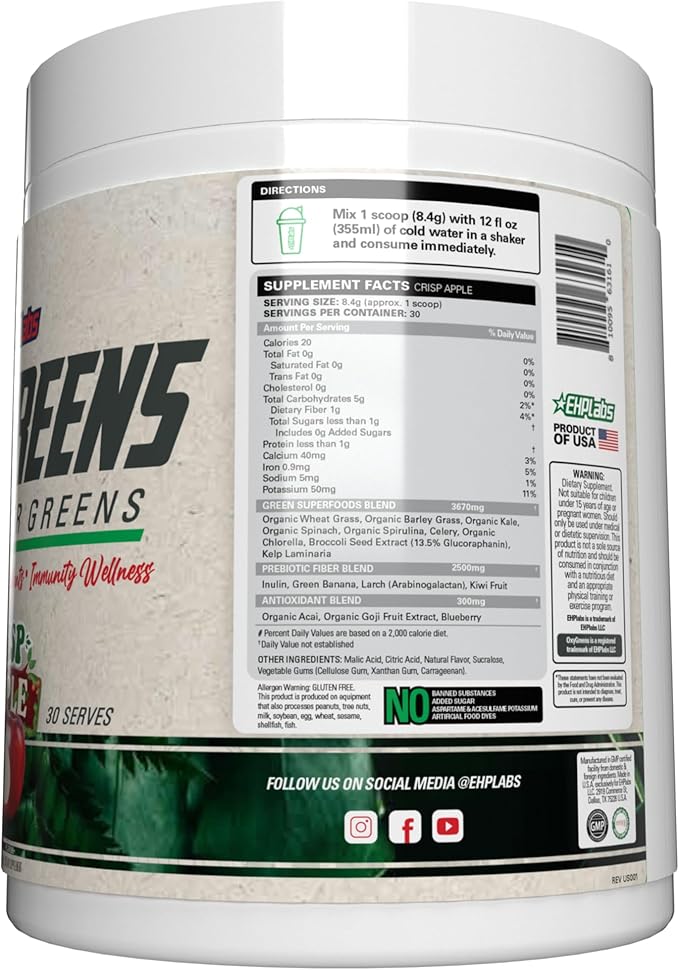 EHP Labs OxyGreens Super Greens Powder - Spirulina &amp Chlorella Superfood Green Juice Powder &amp Greens Supplements with Prebiotic Fibre Antioxidants &amp Immunity Support 30 Serves (Crisp Ap