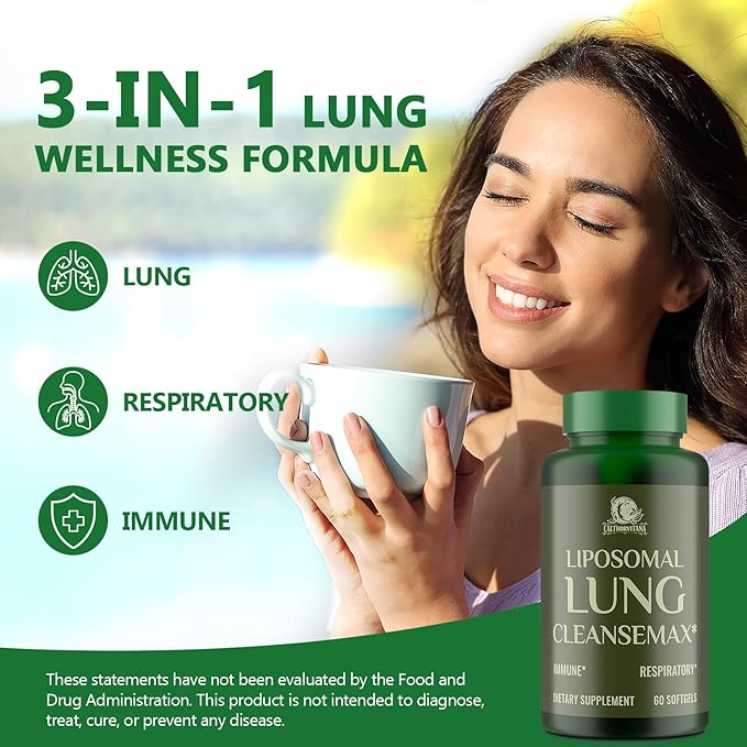 Liposomal Lung Cleansemax Supplement with Mullein Leaf Extract Elderberry Fruit Extract Quercetin + 13 Herbs &amp Vitamins Enhanced Absorption Refreshing Breathing Experience 60 Capsules