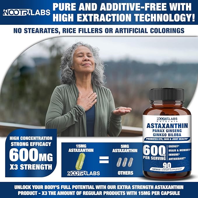 Astaxanthin 15mg + Panax Ginseng Ginkgo Biloba Supplements 90 Vegan Capsules Promotes Eye Health Energy Cardiovascular Support + Immune Defense and Focus