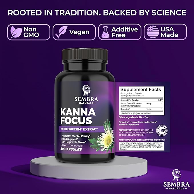 KANNAFOCUS - Natural Kanna Extract 50mg Fermented Sceletium Tortuosum &amp Bioperine® - Focus Mood &amp Mental Wellness Support - Herbal Nootropic for Daily Clarity &amp Energy - 30 Capsules