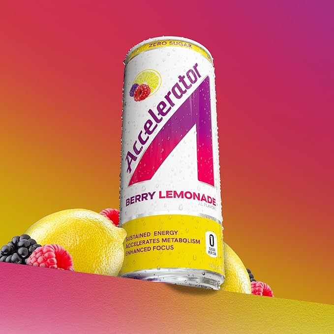Accelerator Energy Drink Berry Lemonade 12oz can (12 pack) Zero Sugar Sustained Energy from 100% Natural Caffeine (200mg from Green Coffee Bean &amp Green Tea extract)