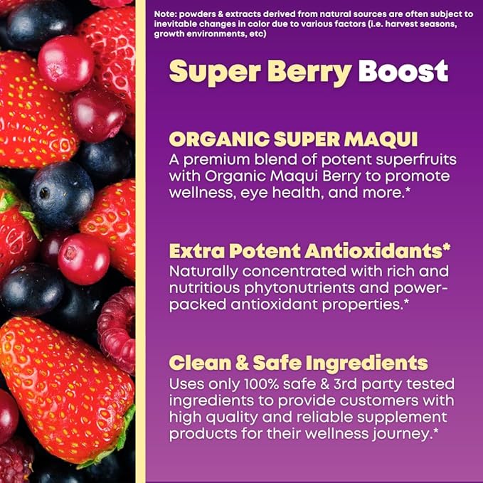 Organic Super Maqui Berry Capsules - Superfood Powder - Elderberry Extract Cranberry Pomegranate Acai - Dry Eye &amp Tear Support Gut Health Skin - 60 Vegan Capsules Non GMO Gluten Free Supple