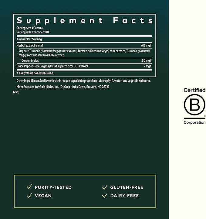 Gaia Herbs Turmeric Supreme Extra Strength - Supports Occasional Discomfort from Normal Wear &amp Tear* - with Turmeric Curcumin &amp Black Pepper - 180 Vegan Liquid Phyto-Caps (Up to 180 Servings)