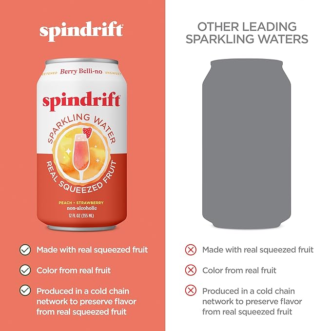 Spindrift Sparkling Water Berry Belli-no Flavored Made with Real Squeezed Fruit 12 Fl Oz Cans Pack of 24 (Only 13 Calories per Can)