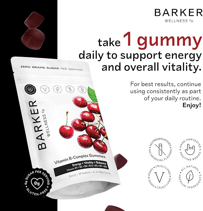 Barker Wellness Vegan B-Complex Gummies – Comprehensive Energy &amp Metabolism Boost with B1 B5 B6 B7 Biotin B9 Folate B12 | Sugar-Free Cherry Flavor for Daily Focus &amp Vitality