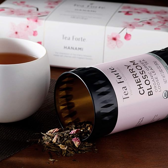 Tea Forte Cherry Blossom Premium Loose Leaf Caffeinated Green Tea Blend Canister Makes 35-50 Cups Round Canister