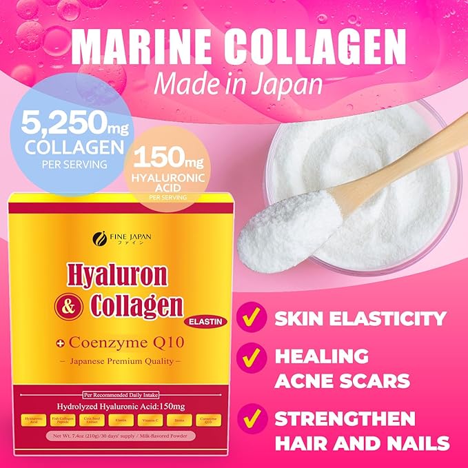 FINE JAPAN Premium Marine Collagen Powder with Hyaluronic Acid CoQ10 &amp Elastin/Set of 3 /Non-GMO - 30 Servings (210g / 7.4oz)