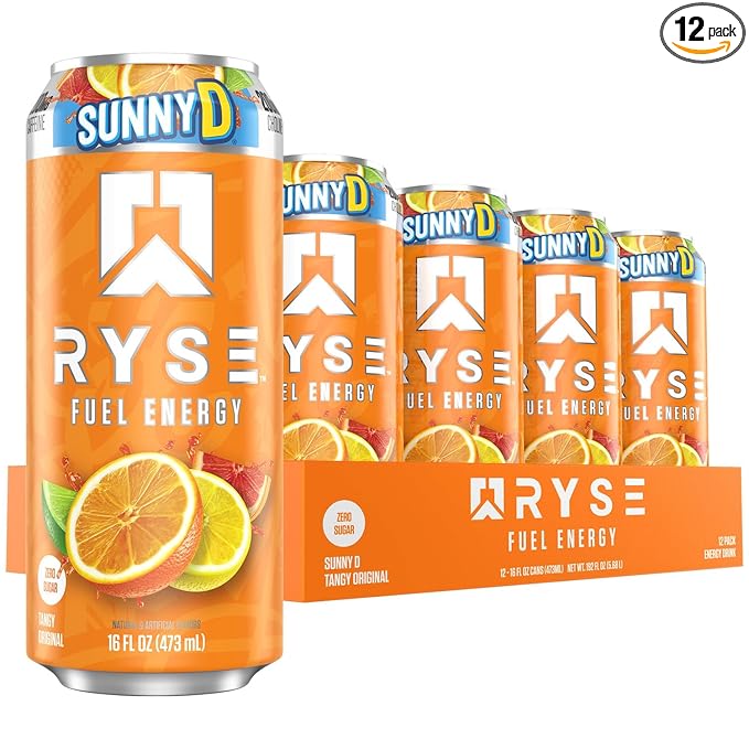 RYSE Fuel Energy Drink - SunnyD Tangy Original - Sugar Free Gluten Free &amp Vegan - 200mg Natural Caffeine Taurine &amp Choline for Focus &amp Energy - No Artificial Colors - 16 fl oz Cans (12-P