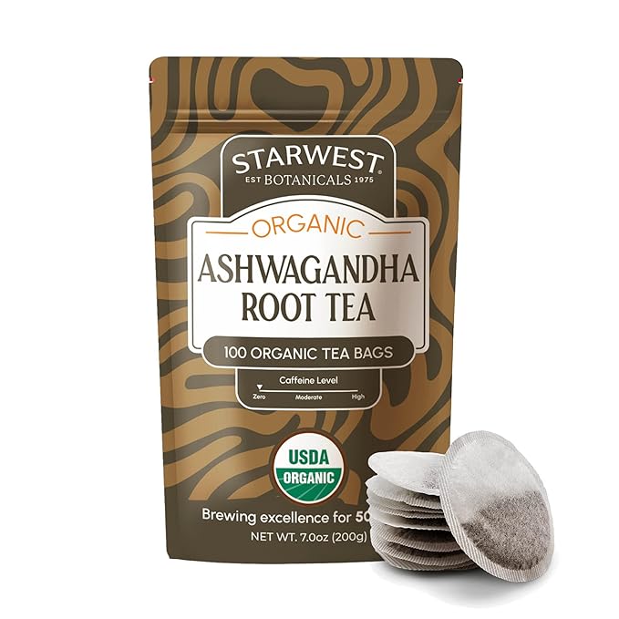 Starwest Botanicals Organic Ashwagandha Tea - Caffeine Free Herbal Tea String Free Sachets USDA Organic Ashwagandha Root Non GMO - Bulk Pack 100 Bags