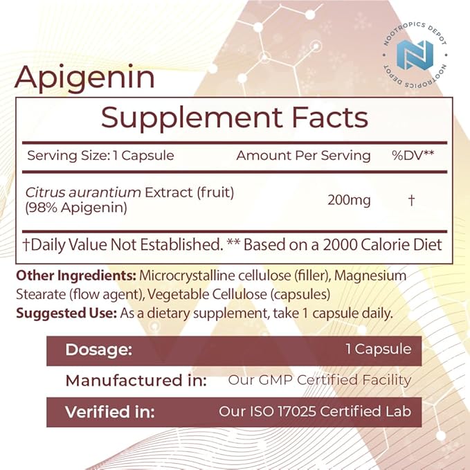 Nootropics Depot Apigenin Capsules | 200mg | 30 Count | &gt98% Apigenin | Supports Healthy Stress Levels