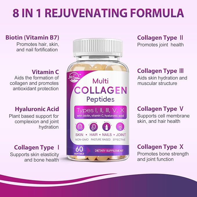 Multi Collagen Peptides Softgel - Type I II III V X - Hydrolyzed Collagen Peptides with Biotin Vitamin C Hyaluronic Acid Supports Skin Hair Nail Grass-Fed Non-GMO 60 Softgel 2 Pack