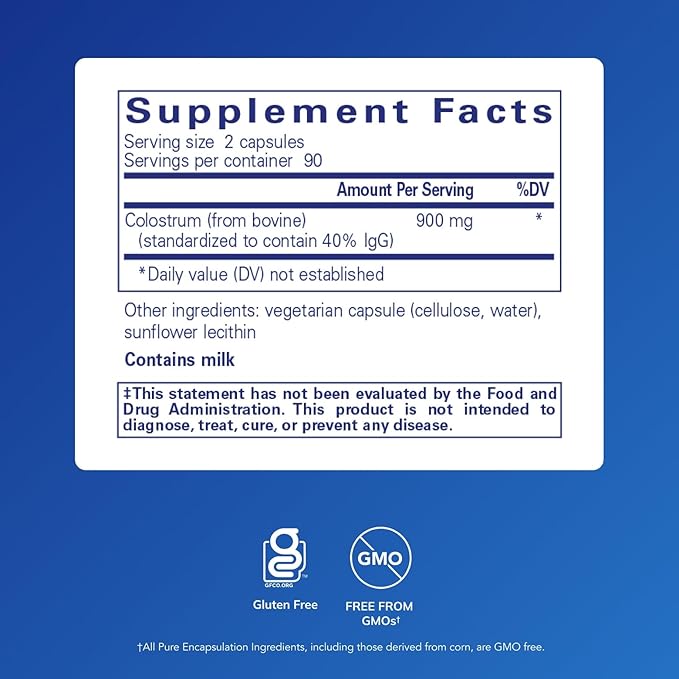 Pure Encapsulations Colostrum | 40% IgG Highly Concentrated Immune Support | 180 Capsules
