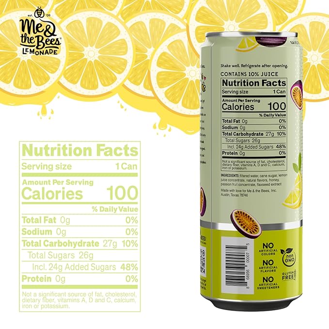 Me &amp the Bees Lemonade Passion Fruit Lemonade Refreshing All-Natural Drink No-Artificial Colors Perfect for Any Occasion (Pack of 12)