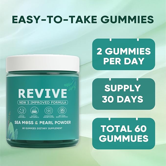 Revive Hair Gummies Balmbare Revive Gummies for Hair Promotes Thicker Fuller Stronger Hair with Organic Irish Sea Moss Pearl Powder Glow Vitamin C/E Aloe Vera 60 Count
