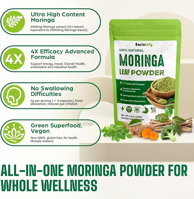 Moringa Powder Organic 2000MG 18 in 1 Moringa Oleifera Leaf Powder with Ashwagandha Rhodiola Turmeric Probiotics for Energy Mood* - Green Superfood - 60 Servings