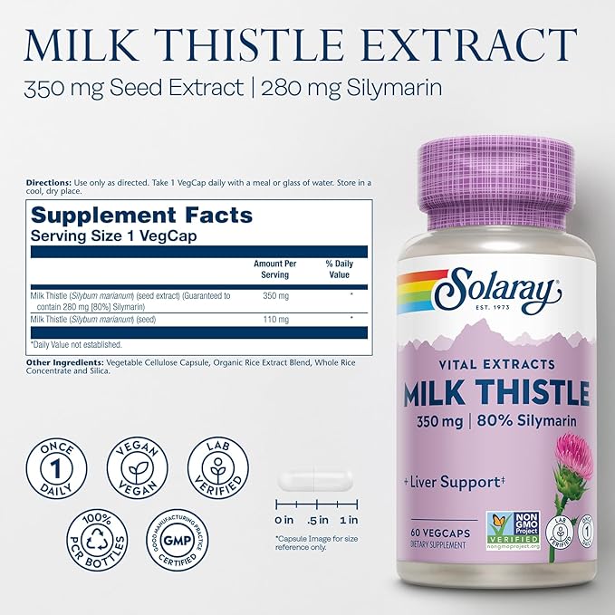 SOLARAY Milk Thistle Seed Extract 350 mg Guaranteed to Contain 80% Silymarin Traditional Liver Support Vegan &amp Lab Verified for Quality 60 Day Money-Back Guarantee 60 Servings 60 VegCaps