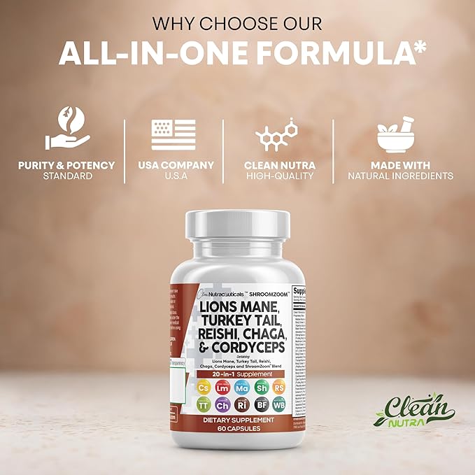 Clean Nutraceuticals Lions Mane 20in1 Mushroom Supplement with Turkey Tail Reishi Cordyceps Chaga Maitake Meshima Poria Cocos Shiitake Oyster Porcini Enoki - 3Pack