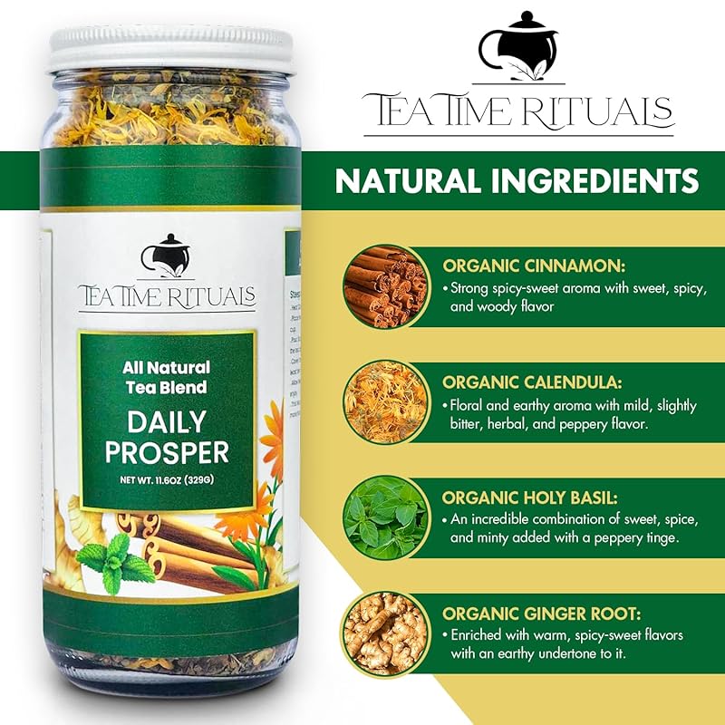 Daily Prosper - All Natural Loose Leaf Herbal Tea Blend (Holy Basil Cinnamon Calendula Ginger Root) 16oz Jar