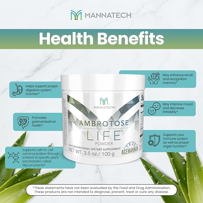 Immune Support Supplement Mannatech Ambrotose Life (Powder) 100g Supports Cell-to-Cell Communication and a Healthy Immune Defense with Manapol Powder Pure 100% Natural Aloe Vera Supplement