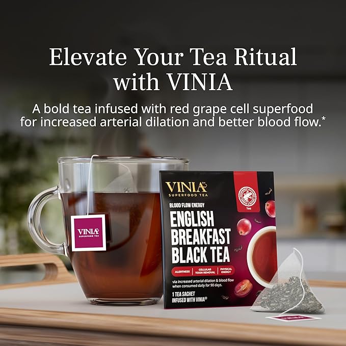 VINIA English Breakfast Black Tea Bags Made with Organic Tea Infused with Piceid Resveratrol for Heart Health Nitric Oxide Physical Energy Alertness Blood Flow Keto Kosher NON-GMO. 30 Ct
