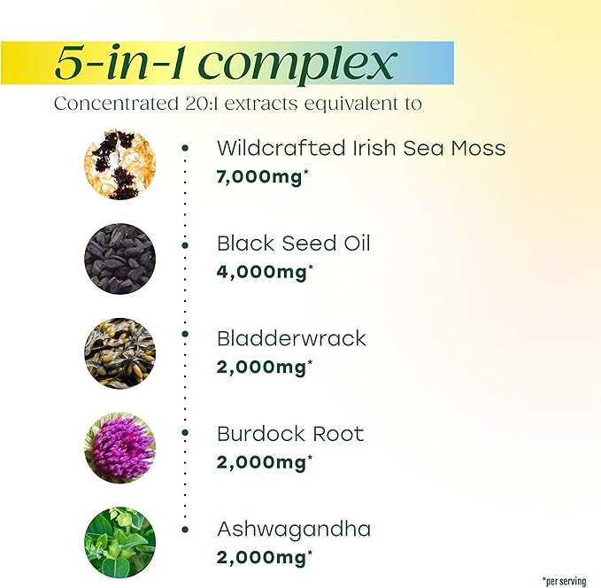 MegaFood Sea Moss Complex - Irish Sea Moss 7000mg Per Serving Plus Black Seed Oil Burdock Root Bladderwrack &amp Ashwagandha - Vegan Gut Health &amp Immune Support Supplement 120 Capsules 60 Ser