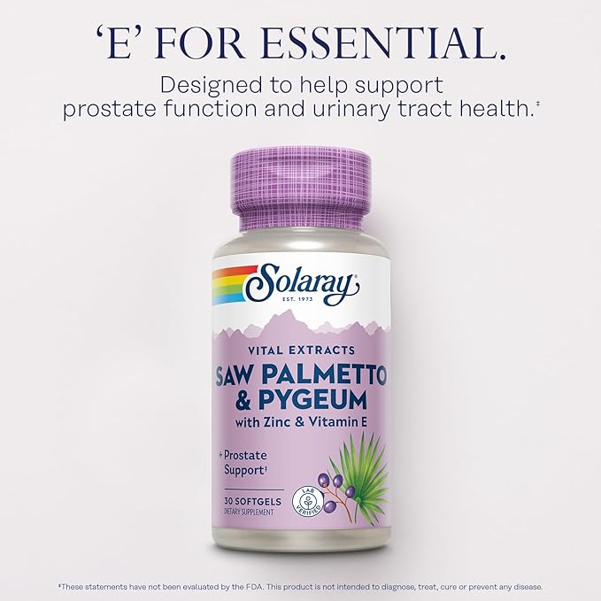 SOLARAY Saw Palmetto and Pygeum - Saw Palmetto for Men w/Pygeum Bark Zinc Vitamin E Pumpkin Seed Oil - Prostate Supplements for Men w/Beta Sitosterol - 60-Day Guarantee - 30 Servings 30 Softgels