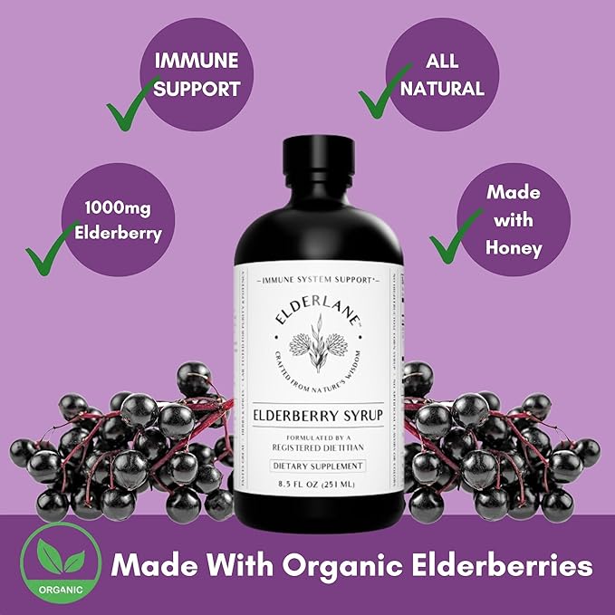 Elderlane Elderberry Syrup Elderberry Shots - Immune Support Supplement for Kids &amp Adults - Immune Boosters - Natural Immunity Booster - Made with Honey &amp Elderberries - Gluten-Free - 8.5 Fl O