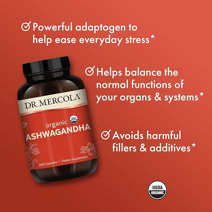 Dr. Mercola Organic Ashwagandha - Supports Energy Production &amp Adrenal Health - 800 mg Per Serving - Non-GMO Gluten-Free &amp Soy-Free - Certified USDA Organic - 180 Capsules (90 Servings)