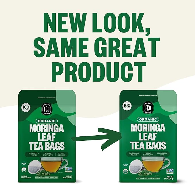 FGO Organic Moringa Tea 100 Count Eco-Conscious Tea Bags Resealable Bag Caffeine Free Packaging May Vary (Pack of 1)
