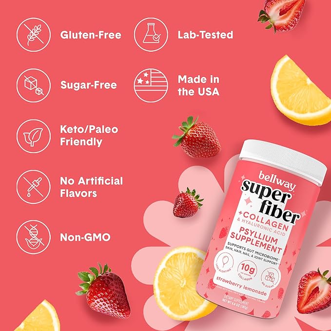 Bellway Super Fiber Powder + Collagen Sugar-Free Psyllium Husk Powder with Collagen Peptides and Hyaluronic Acid for Gut Health Healthy Skin Nails Bones &amp Joints Strawberry Lemonade (11 Servi