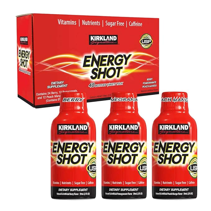 Kirkland Signature Energy Shot (48 Count) 24 Berry 12 Pomegranate &amp 12 Orange 2 Fl Oz each 48 Count (Pack of 1)