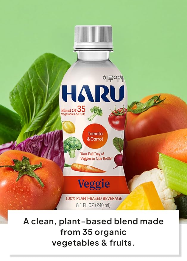 Korean Food HARU Veggie Tomato &amp Carrot Plant-Based Vegetable Drink 8.1 fl oz (240ml) × 24 Bottles