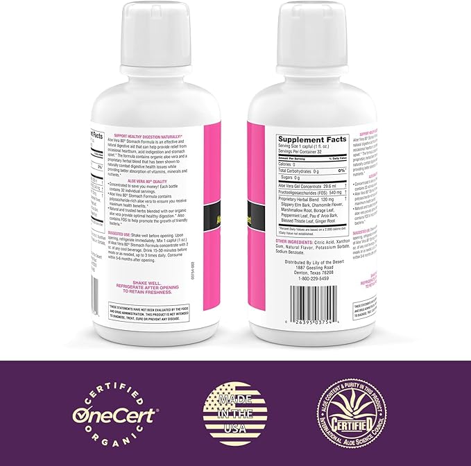 Lily Of The Desert Stomach Formula Aloe Vera 80 Gel - Concentrated Aloe Vera Juice with Slippery Elm Chamomile Peppermint and Ginger for Gut Health Heartburn Acid Reflux 32 Oz (Pack of 3)