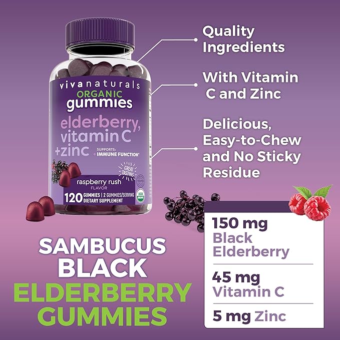 Viva Naturals Organic Sambucus Elderberry Gummies for Adults (120 Count) - 3in1 Black Elderberry Vitamin C and Zinc Immune Support Gummies Chewable Elderberry Supplements Zinc Immunity Gummies