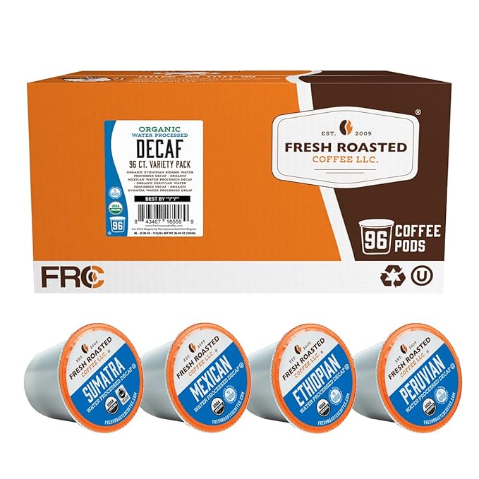 Fresh Roasted Coffee Organic Water-Processed Decaf Variety Pack | USDA Organic Kosher | K-Cup Compatible 96 Pods