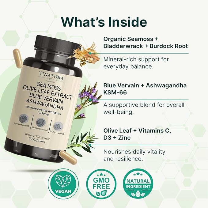 VINATURA Organic Sea Moss Blue Vervain - with Black Seed Oil Ashwagandha Ginger Burdock Root Capsules - 1250mg per Serving *USA Made &ampTested* Immune Booster for Adults