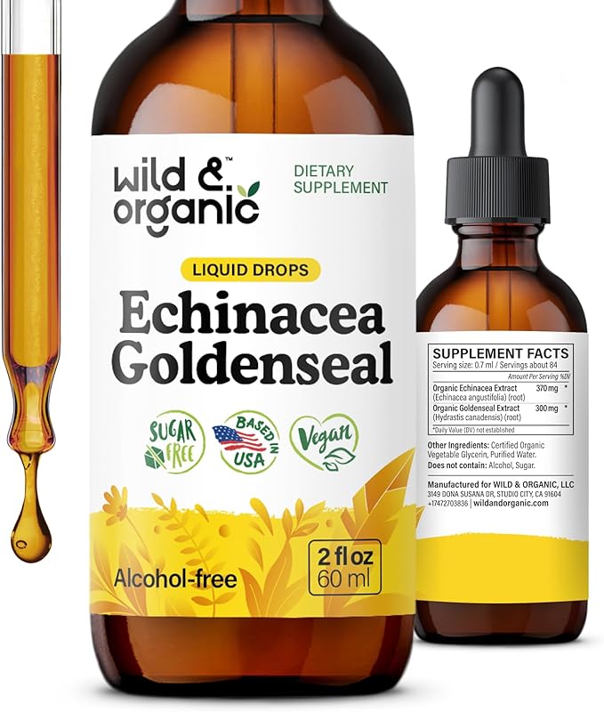Wild &amp Organic Echinacea Goldenseal Liquid Drops - Immune Support Supplement w/Goldenseal Echinacea Root Extract - Vegan Sugar &amp Alcohol-Free Tincture - 2 fl oz
