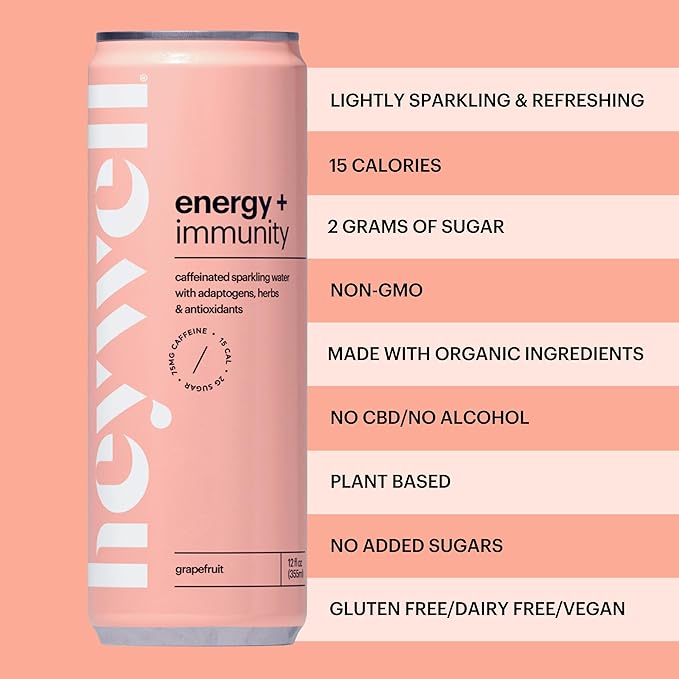 Heywell Sparkling Adaptogenic Water Energy and Immunity Grapefruit Flavor 12 Fluid Ounce (Pack of 12) - Caffeinated Organic Non GMO Vegan Gluten Free Dairy Free