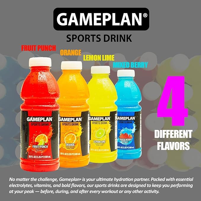 Gameplan Sports Drink Variety Pack - Fruit Punch Mixed Berry Lemmon Lime Orange - 20 FL OZ - 12 Pack