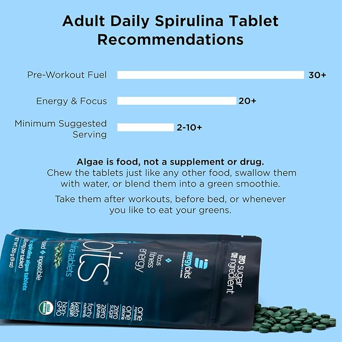ENERGYBITS - Organic Spirulina Tablets - Plant-Based Algae Superfood - for Focus Fitness Energy - Plant Protein - Gluten Free - Collagen Vitamin B12 Omega 3 - Keto &amp Vegan - 1000 Tablets Canis