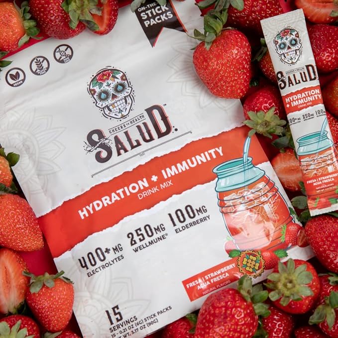Salud 2-in-1 Hydration Packets + Immunity Electrolytes Powder Strawberry - Fresca Agua Fresca Drink Mix Elderberry Dairy &amp Soy Free Non-GMO Gluten Free Vegan Low Calorie 1g Sugar (15 Servi